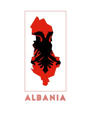 Arnavutluk Logosu. Arnavutluk haritasında ülke adı ve bayrağı var. Sanatsal vektör illüstrasyonu.