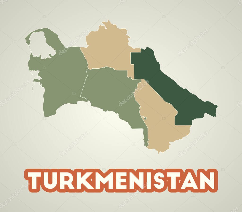 Turkmenistan poster in retro style. Map of the country with regions in autumn color palette. Shape of Turkmenistan with country name. Radiant vector illustration.