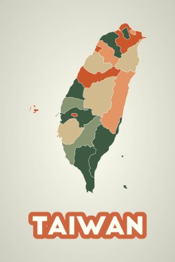 Taiwan poster in retro style. Map of the country with regions in autumn color palette. Shape of Taiwan with country name. Amazing vector illustration.