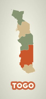 Togo poster in retro style. Map of the country with regions in autumn color palette. Shape of Togo with country name. Modern vector illustration.