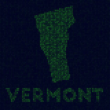 Dijital Vermont logosu Amerika Birleşik Devletleri 'nin ABD eyaletiyle birlikte Vermont' un bilgisayar korsanı tarzı ikili kod haritası.
