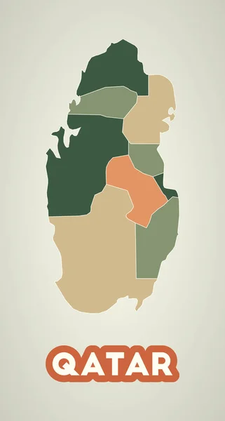 Cartel de Qatar en estilo retro Mapa del país con regiones en otoño paleta de colores Forma de Qatar — Vector de stock