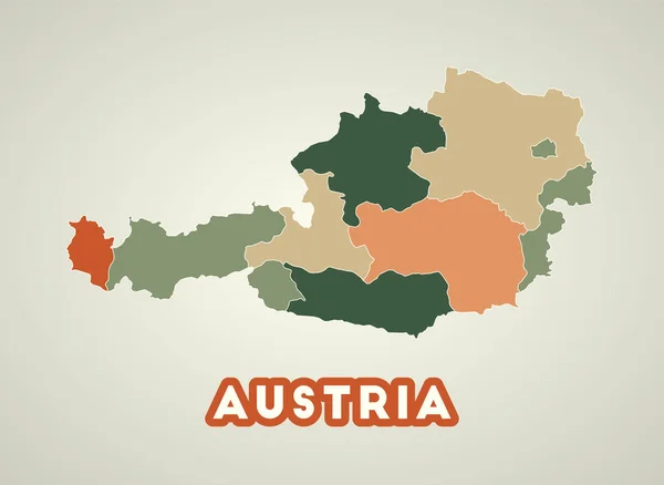 Австрийский плакат в стиле ретро Карта страны с регионами в осенней цветовой палитре — стоковый вектор