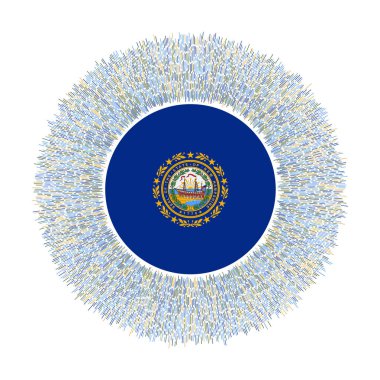 Flag of New Hampshire with colorful rays. Radiant us state sign. Shiny sunburst with New Hampshire flag. Astonishing vector illustration.