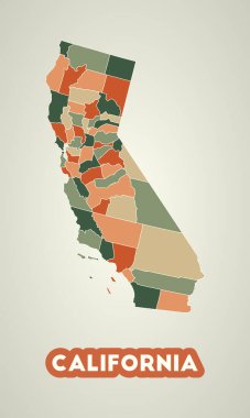 Eski tarz California posteri. Amerika 'nın sonbahar renk paletindeki bölgelerinin haritası. Kaliforniya 'nın şekli ve eyalet adımız. Parlak vektör illüstrasyonu.