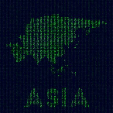 Asya 'nın kıta isimli ikili kod haritası hacker tarzında Dijital Asya logosu Kıta sembolü