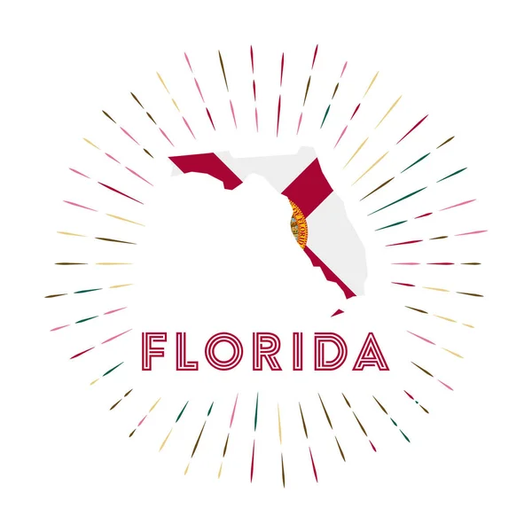 Florida sunburst badge El signo del estado de los Estados Unidos con el mapa de Florida con la bandera del estado Rayos de colores alrededor — Vector de stock