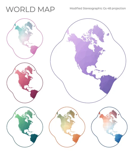 Low Poly World Map Set Proiezione stereografica modificata per gli Stati Uniti conterminali — Vettoriale Stock