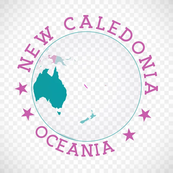 Ny Caledonia runda logotyp Landsmärke med karta över Nya Kaledonien i världssammanhang Land — Stock vektor