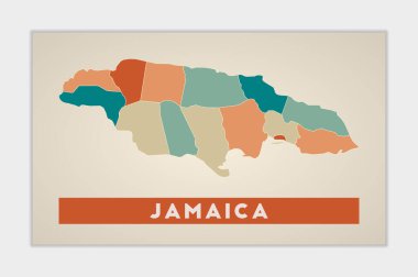 Jamaika 'nın renkli bölgeleriyle ilgili afiş. Jamaika' nın ülke adı ile şekillendirilmiş hali.