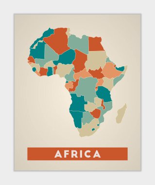 Afrika kıtanın renkli bölgeleriyle poster afişi Afrika kıta adı ile şekillendirilmiş.