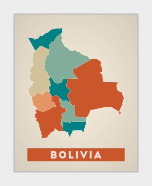 Bolivya afiş haritası Bolivya 'nın renkli bölgelerinin ülke adı ile şekillendirilmesi