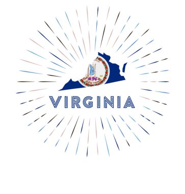 Virginia güneş patlaması rozeti. Virginia haritalı Amerikan eyaleti işareti. Renkli vatozlu.
