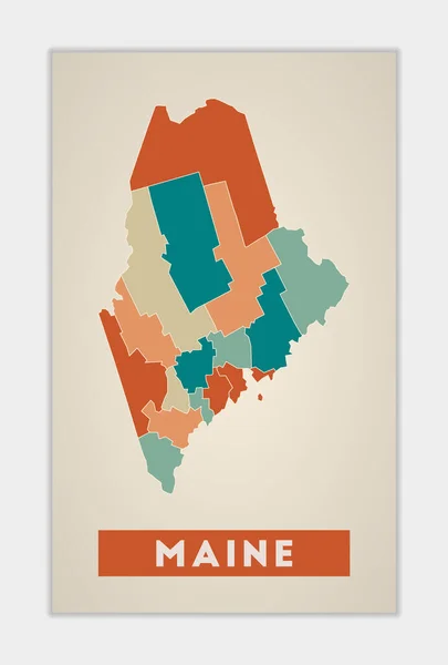 Cartel de Maine Mapa del estado de los Estados Unidos con regiones coloridas Forma de Maine con nosotros Nombre del estado Artístico — Vector de stock