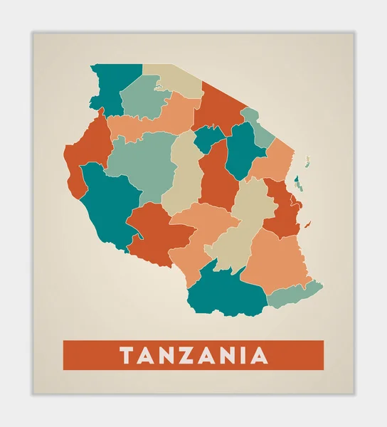 탄자니아의 포스터에는 다양 한 색상의 탄자니아의 모습 과 그 나라의 이름이 붙어 있다 — 스톡 벡터