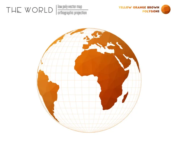 Mappa geometrica astratta del mondo Proiezione ortografica del mondo Giallo Arancione Marrone colorato — Vettoriale Stock