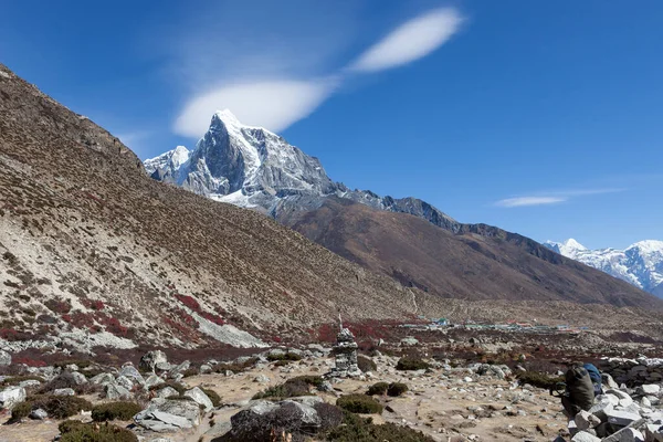 Piękny krajobraz himalajski szczyt góry na horyzoncie i berberysu krzewów w góry — Zdjęcie stockowe