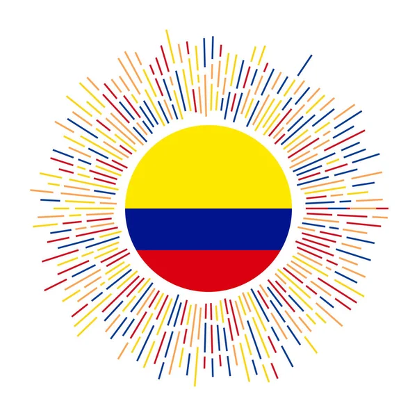 Colômbia assina bandeira do país com raios coloridos Radiant sunburst com bandeira da Colômbia Vector —  Vetores de Stock