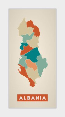 Albania poster. Map of the country with colorful regions. Shape of Albania with country name. Captivating vector illustration.