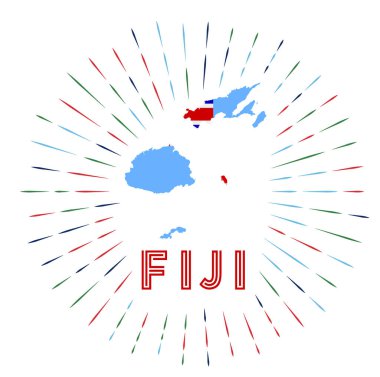 Fiji güneş patlaması rozeti Fiji haritası ile imzalanmış Fiji bayrağı etrafında renkli ışınlar