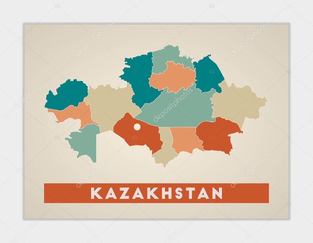 Kazakhstan poster. Map of the country with colorful regions. Shape of Kazakhstan with country name. Vibrant vector illustration.