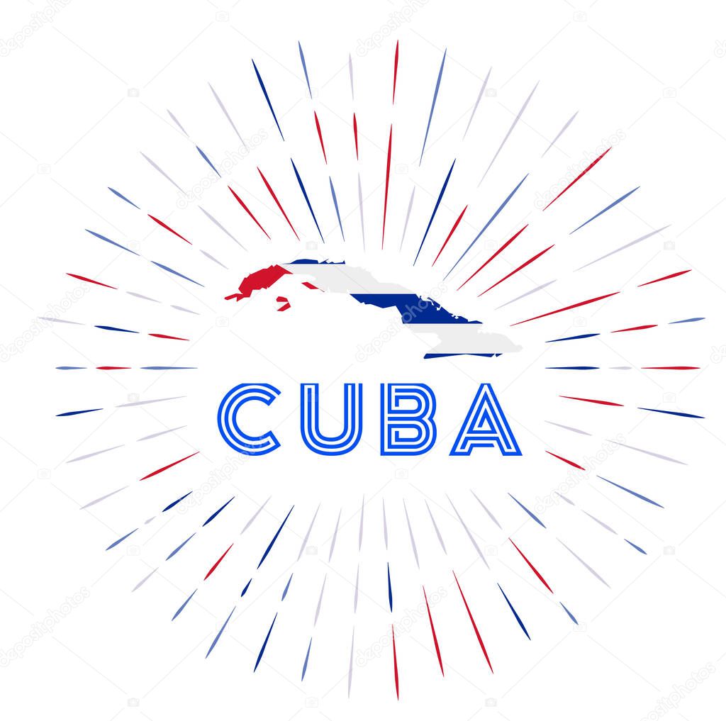 Cuba sunburst badge. The country sign with map of Cuba with Cuban flag. Colorful rays around the logo. Vector illustration.