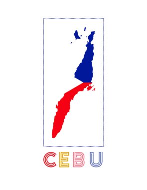 Cebu Logo Haritası. Adanın adı ve bayrağı Neat vektör illüstrasyonlu.