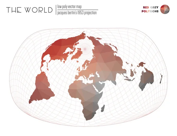 低聚居区世界地图Jacques Bertins 1953年世界红灰色多边形的投影 — 图库矢量图片