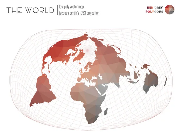 Lage poly wereldkaart Jacques Bertins 1953 projectie van de wereld Rood Grijs gekleurde polygonen Netjes — Stockvector