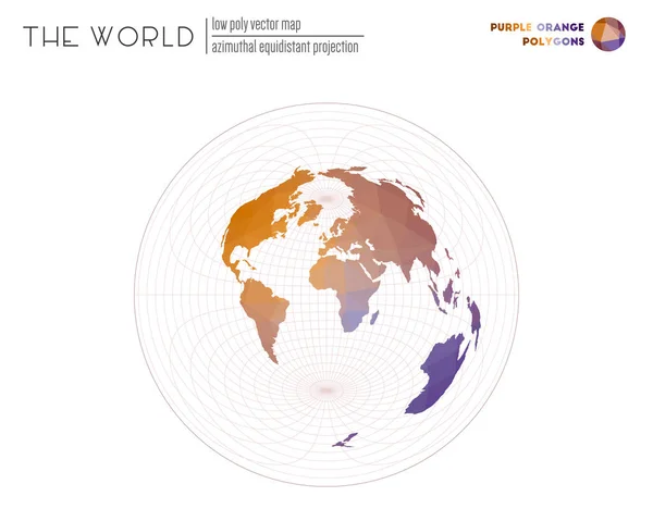 Mapa del mundo abstracto Proyección equidistante azimutal del mundo Polígonos de color naranja púrpura — Vector de stock