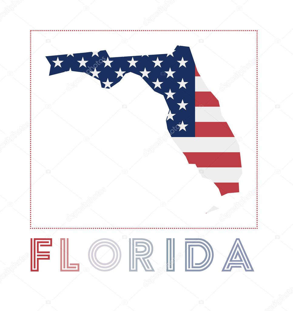 Florida Logo Map of Florida with us state name and flag Artistic vector illustration