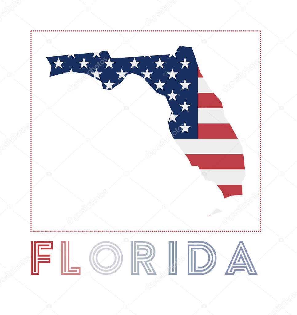 Florida Logo. Map of Florida with us state name and flag. Artistic vector illustration.