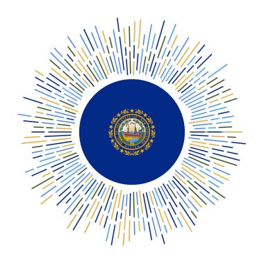 New Hampshire sign. Us state flag with colorful rays. Radiant sunburst with New Hampshire flag. Vector illustration.