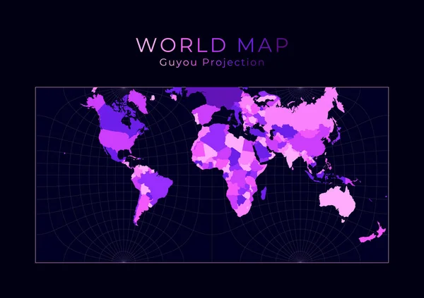 World Map Guyou hemisphereinasquare projection Digital world illustration Bright pink neon