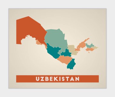 Uzbekistan poster. Map of the country with colorful regions. Shape of Uzbekistan with country name. Stylish vector illustration.