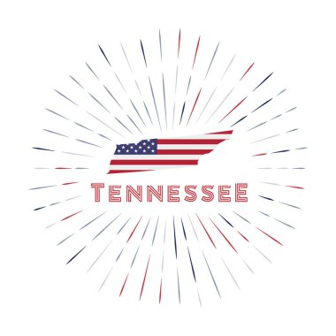 Tennessee güneş patlaması rozeti Amerikan bayrağının rengarenk ışıklarıyla Tennessee haritası.