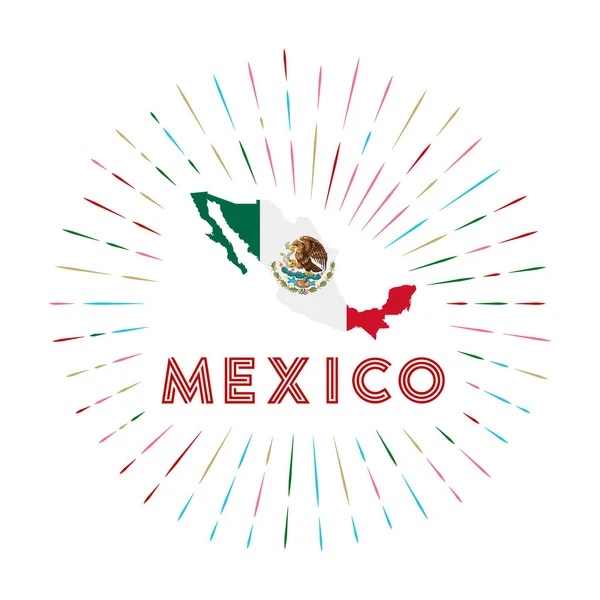 México sunburst badge El letrero del país con mapa de México con bandera mexicana Rayos de colores alrededor — Archivo Imágenes Vectoriales