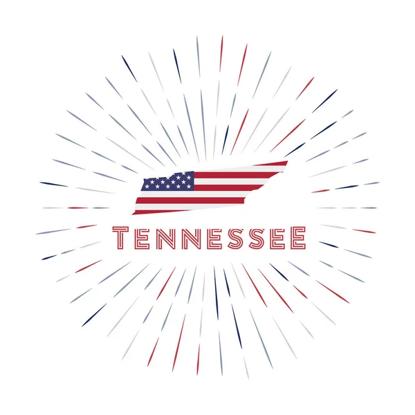 테네시의 태양 폭발 뱃지 테네시 주 표지판에 미국 국기에 화려 한 색채가 있는 테네시의 지도가 있음 — 스톡 벡터