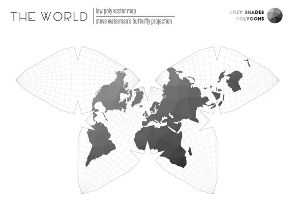 Polygonale wereldkaart Steve Watermans vlinder projectie van de wereld Grijze tinten gekleurd — Stockvector