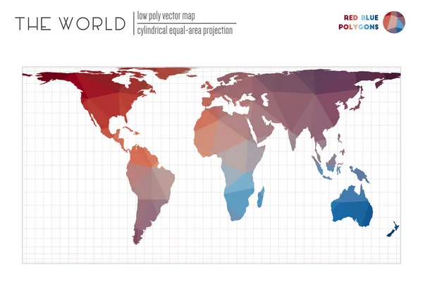 Mappa astratta del mondo Proiezione cilindrica uguale del mondo Poligoni di colore blu rosso — Vettoriale Stock