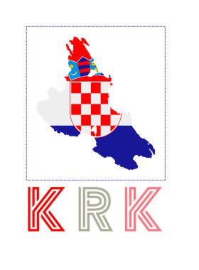 Krk Logo Haritası. Adanın adı ve bayrağı. Şaşırtıcı vektör çizimi.