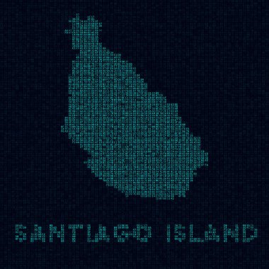 Santiago Island tech map. Island symbol in digital style. Cyber map of Santiago Island with island name. Radiant vector illustration.
