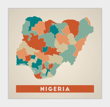 Nigeria poster. Map of the country with colorful regions. Shape of Nigeria with country name. Captivating vector illustration.