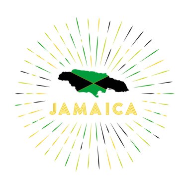 Jamaica sunburst badge. The country sign with map of Jamaica with Jamaican flag. Colorful rays around the logo. Vector illustration.