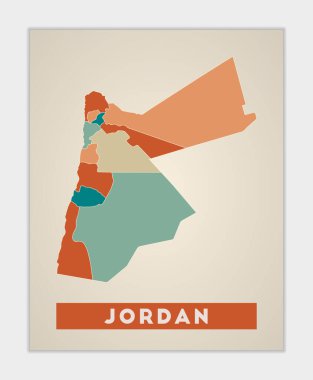 Jordan poster. Map of the country with colorful regions. Shape of Jordan with country name. Superb vector illustration.