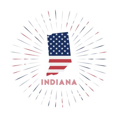 Indiana sunburst badge. The us state sign with map of Indiana with American flag. Colorful rays around the logo. Vector illustration.