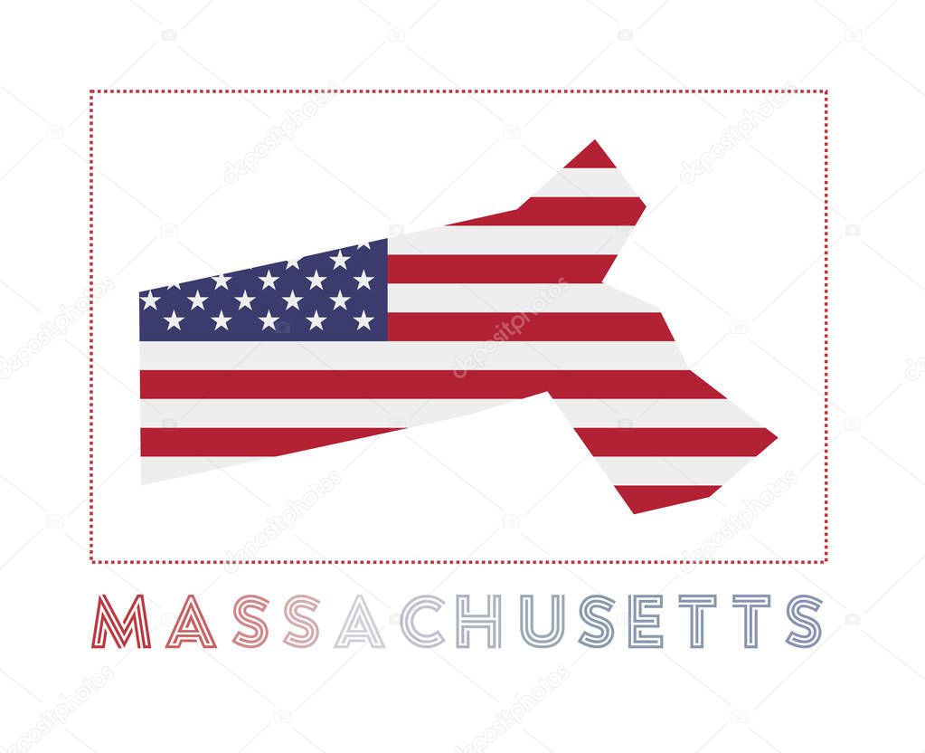 Massachusetts Logo. Map of Massachusetts with us state name and flag. Amazing vector illustration.