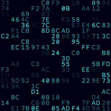 Matrix background. Cyan sparse hexademical pairs background. Small sized seamless pattern. Artistic vector illustration.