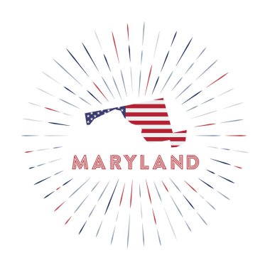 Maryland sunburst badge. The us state sign with map of Maryland with American flag. Colorful rays around the logo. Vector illustration.