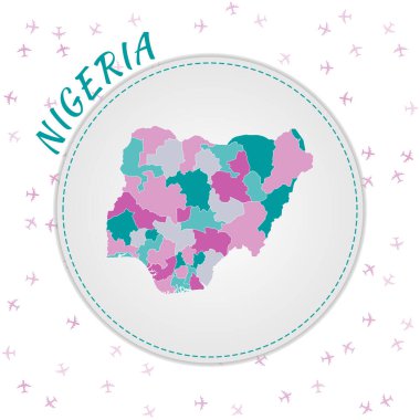 Nigeria map design. Map of the country with regions in emerald-amethyst color palette. Rounded travel to Nigeria poster with country name and airplanes background. Charming vector illustration.